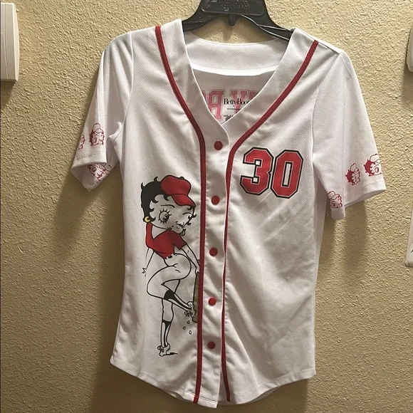 Betty Boop White and Red Baseball Jersey with Graphic - Picture 1 of 6